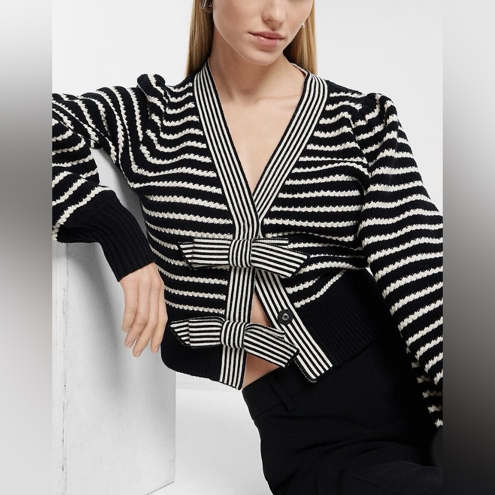 Express Black and Cream V Neck Striped Bow Cardigan Size  XS #1001